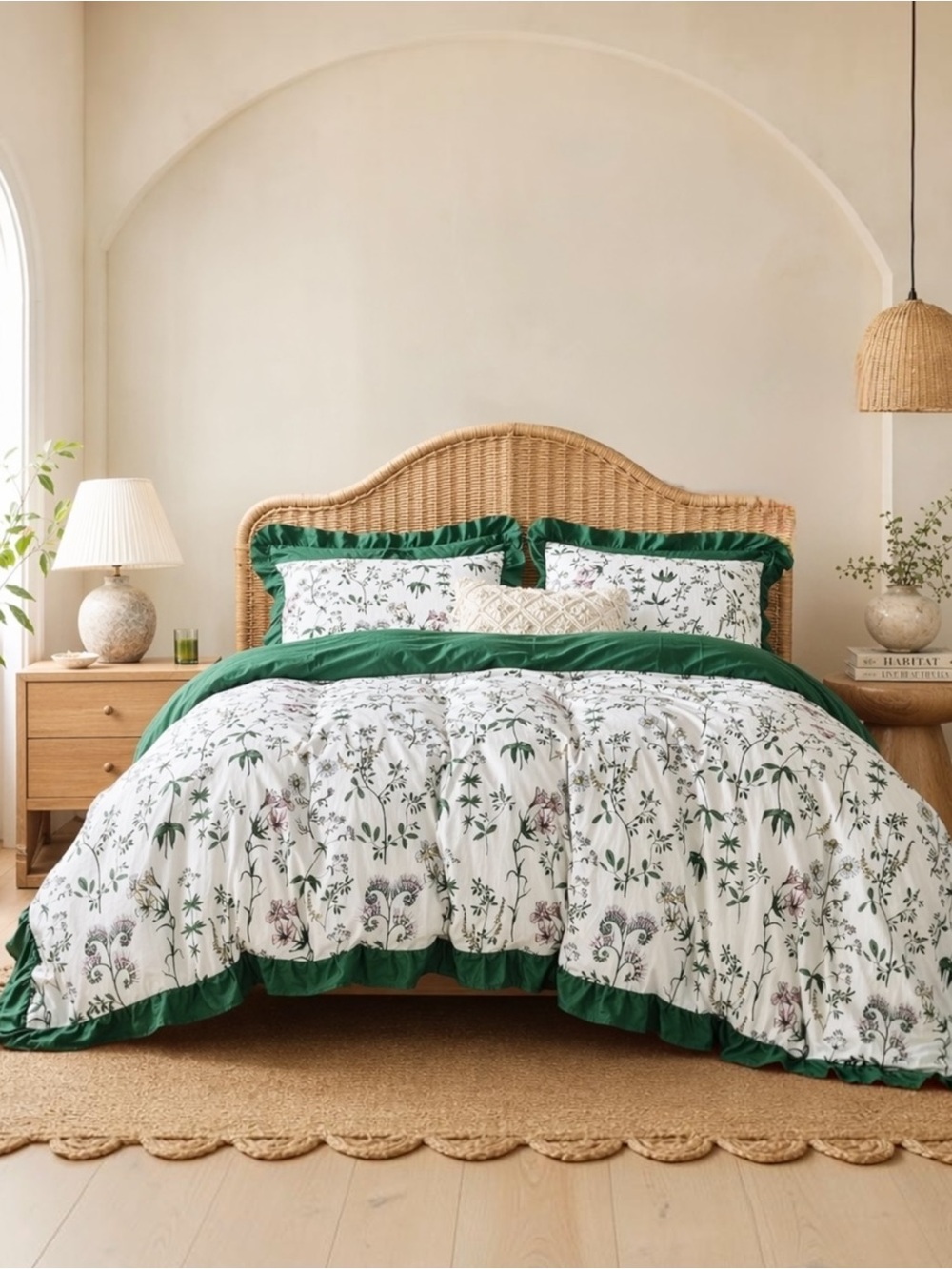 NEW Anthro Green Ruffle Floral Cotton Boho Queen / King Bedding Duvet & Sham Set